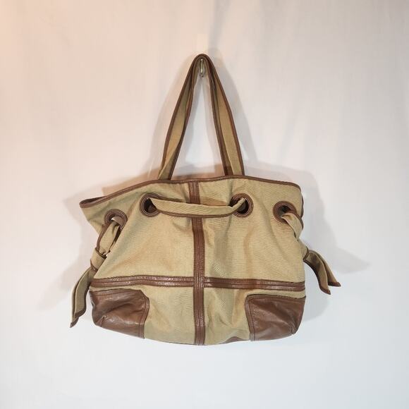 KOOBA Tan Brown Canvas Faux Leather Knotted Detail Shoulder Tote Bag Womens OS - Picture 1 of 12